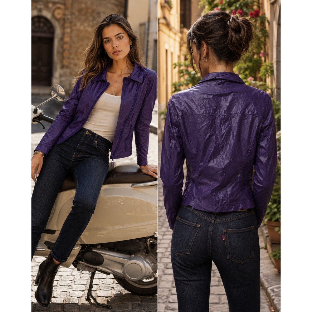 Fiorucci Women Size 6 Moto Jacket Purple Skull Graphic Lightweight Nylon NWT